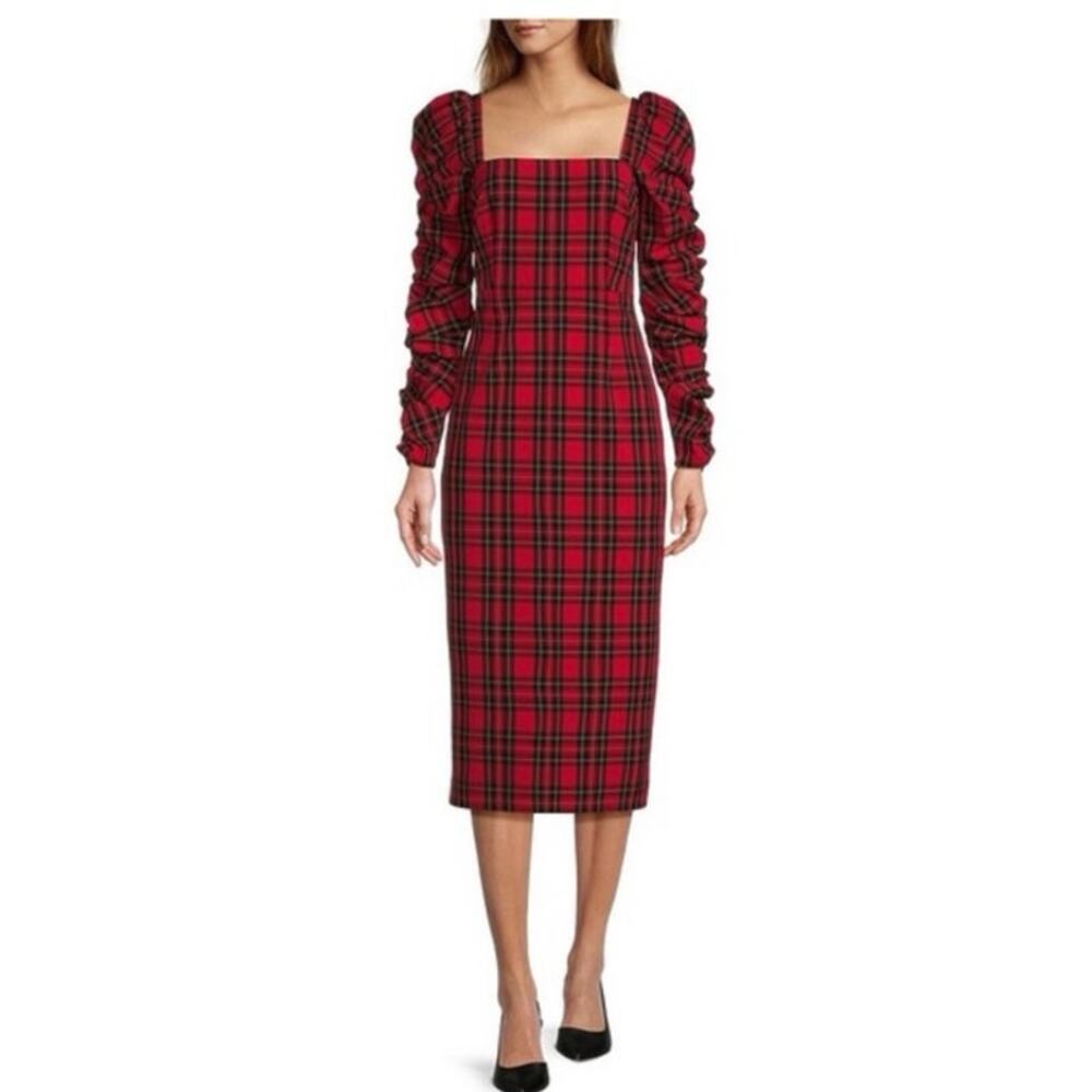 Antonio Melani Red Plaid Ruched‎ Sleeve Midi Dress Size 12